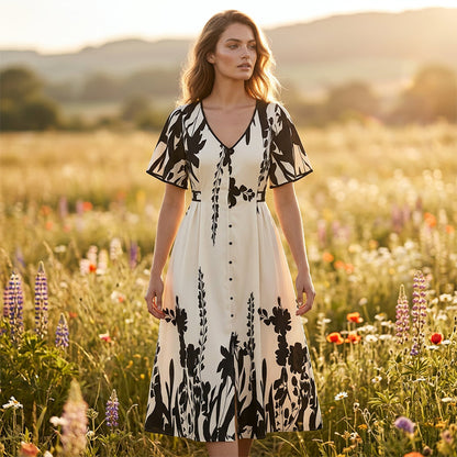 👗 50% RABATT NU! 🌿 Mjuk Klänning i Botaniskt Mönster med V-ringning & Medellång Kjol – Elegant, Lätt & Mångsidig För Alla Tillfällen 🌸
