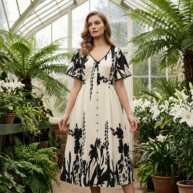 👗 50% RABATT NU! 🌿 Mjuk Klänning i Botaniskt Mönster med V-ringning & Medellång Kjol – Elegant, Lätt & Mångsidig För Alla Tillfällen 🌸