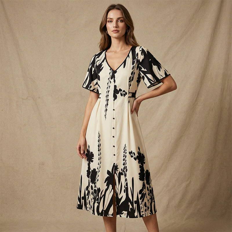 👗 50% RABATT NU! 🌿 Mjuk Klänning i Botaniskt Mönster med V-ringning & Medellång Kjol – Elegant, Lätt & Mångsidig För Alla Tillfällen 🌸