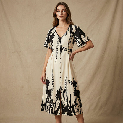 👗 50% RABATT NU! 🌿 Mjuk Klänning i Botaniskt Mönster med V-ringning & Medellång Kjol – Elegant, Lätt & Mångsidig För Alla Tillfällen 🌸