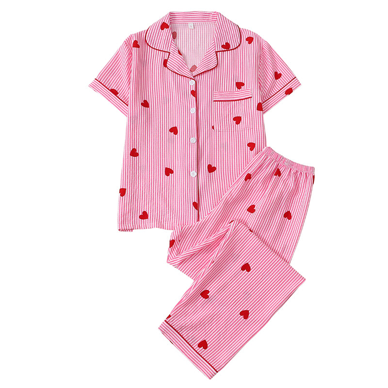 ⏳50 % rabatt under en begränsad tid⏰Randigt pyjamas-set för damer med hjärtmönster🛋️👚👖