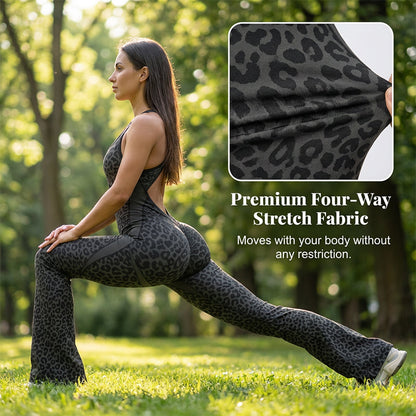 Damens cheetahprint-träningsjumpsuit med inbyggd brasskjorta