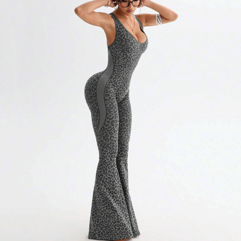 Damens cheetahprint-träningsjumpsuit med inbyggd brasskjorta