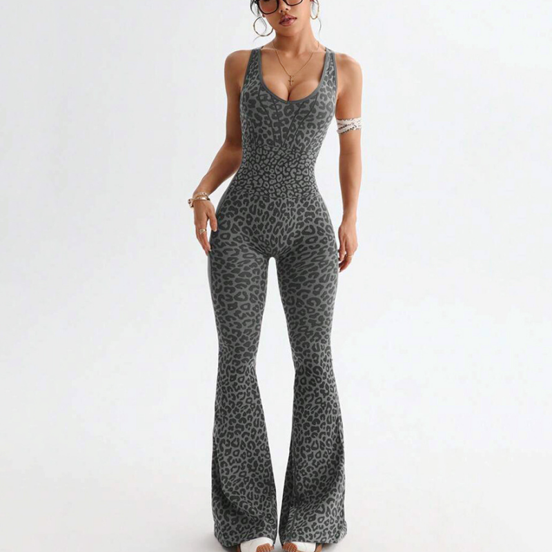 Damens cheetahprint-träningsjumpsuit med inbyggd brasskjorta