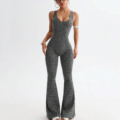 Damens cheetahprint-träningsjumpsuit med inbyggd brasskjorta
