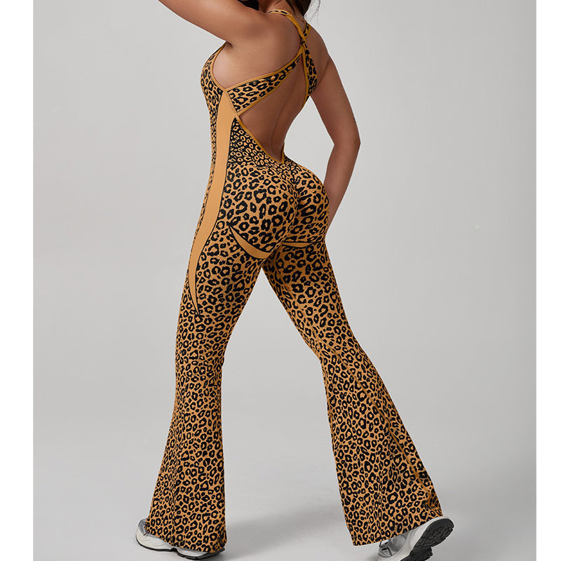 Damens cheetahprint-träningsjumpsuit med inbyggd brasskjorta
