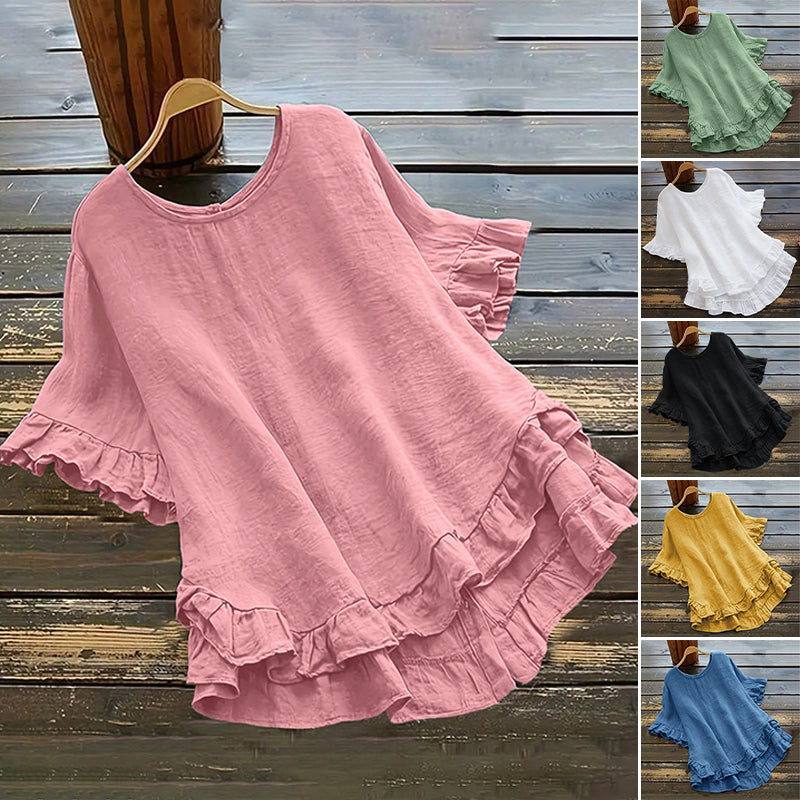 👚 50% RABATT! 🌸 Damblus med Rund Hals & Volanger – Elegant Detalj, Mjukt Tyg & Perfekt För En Romantisk Look ✨
