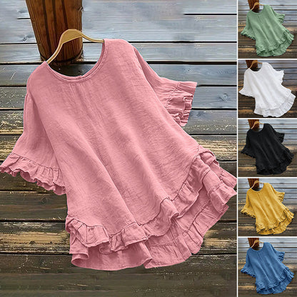 👚 50% RABATT! 🌸 Damblus med Rund Hals & Volanger – Elegant Detalj, Mjukt Tyg & Perfekt För En Romantisk Look ✨