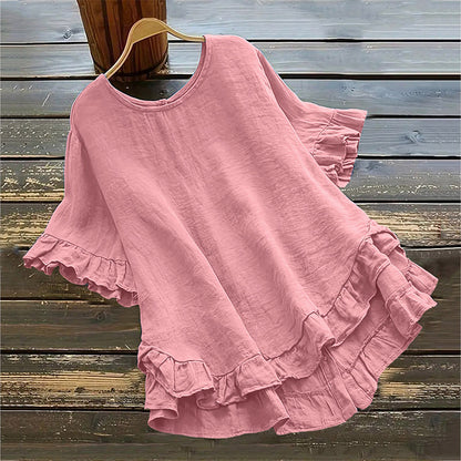 👚 50% RABATT! 🌸 Damblus med Rund Hals & Volanger – Elegant Detalj, Mjukt Tyg & Perfekt För En Romantisk Look ✨