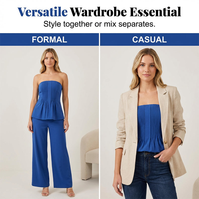 👚 50% RABATT! ✨ Damset med Axelbandslöst Plisserat Peplumtopp & Byxor – Elegant, Bekväm & Perfekt För Festliga Tillfällen 💃