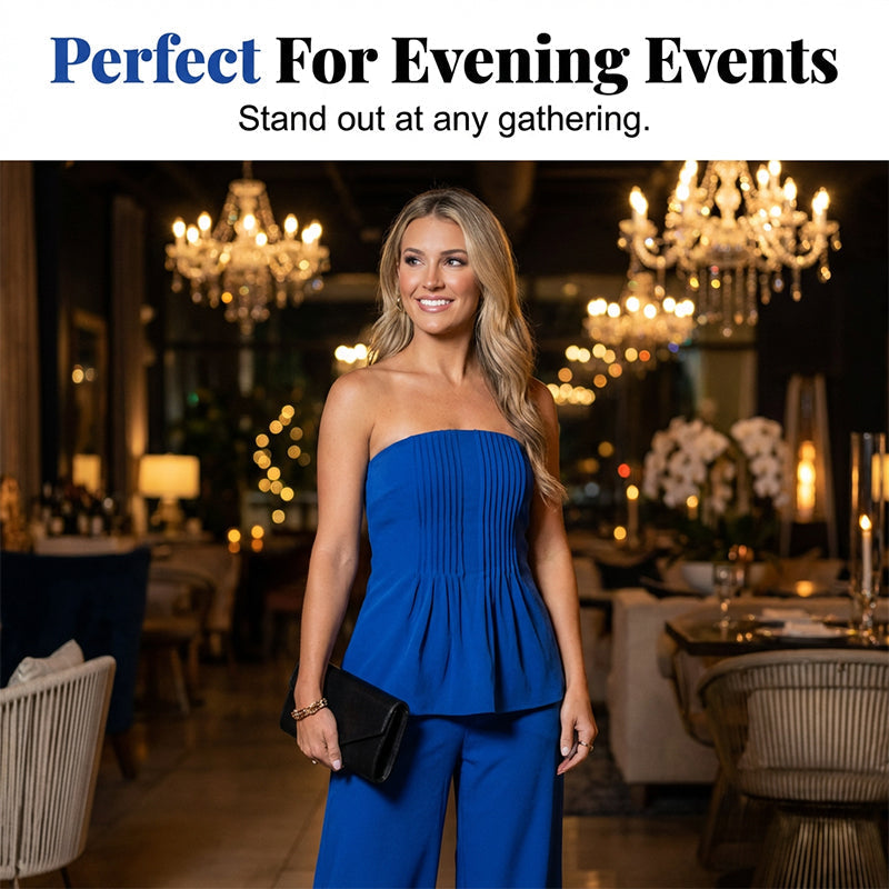 👚 50% RABATT! ✨ Damset med Axelbandslöst Plisserat Peplumtopp & Byxor – Elegant, Bekväm & Perfekt För Festliga Tillfällen 💃