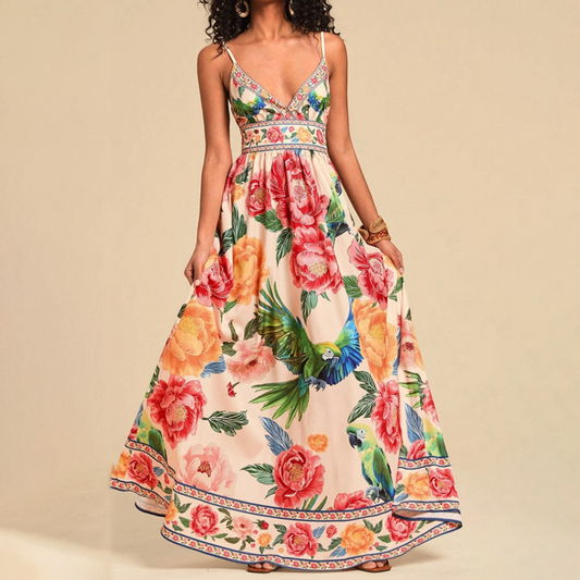 Sommarmaxi med V-ringning & tunna axelband – tropiskt mönster 🌺👗