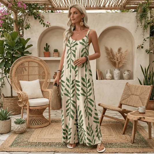 Kvinnors blad tryck spaghetti rem jumpsuit