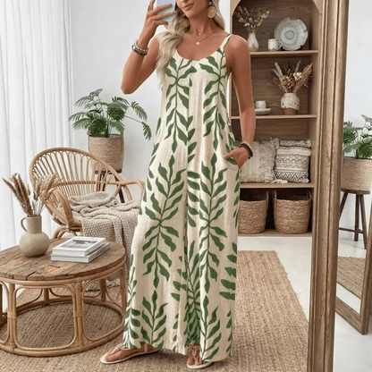 Kvinnors blad tryck spaghetti rem jumpsuit