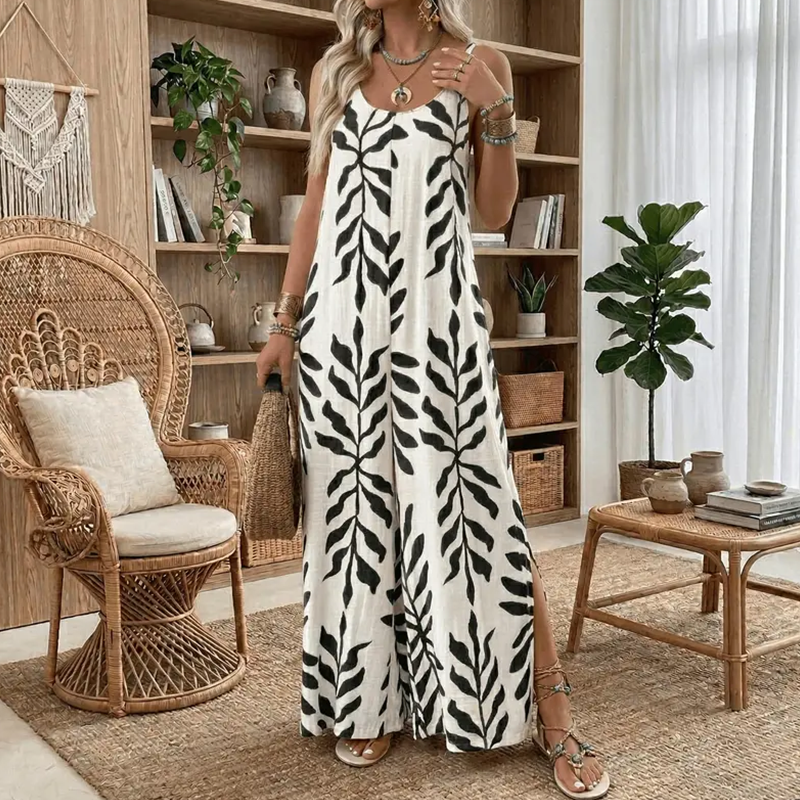 Kvinnors blad tryck spaghetti rem jumpsuit