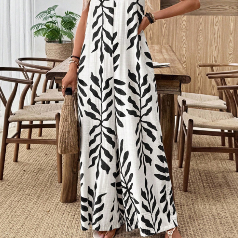 Kvinnors blad tryck spaghetti rem jumpsuit