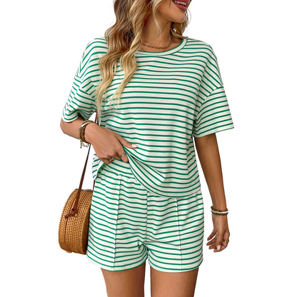 👚 50% RABATT! 🌸Tvådelat set med randig T-shirt och shorts för damer