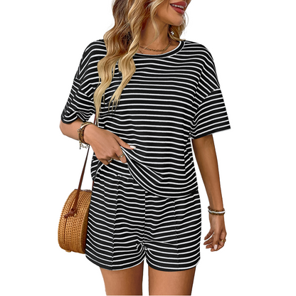 👚 50% RABATT! 🌸Tvådelat set med randig T-shirt och shorts för damer