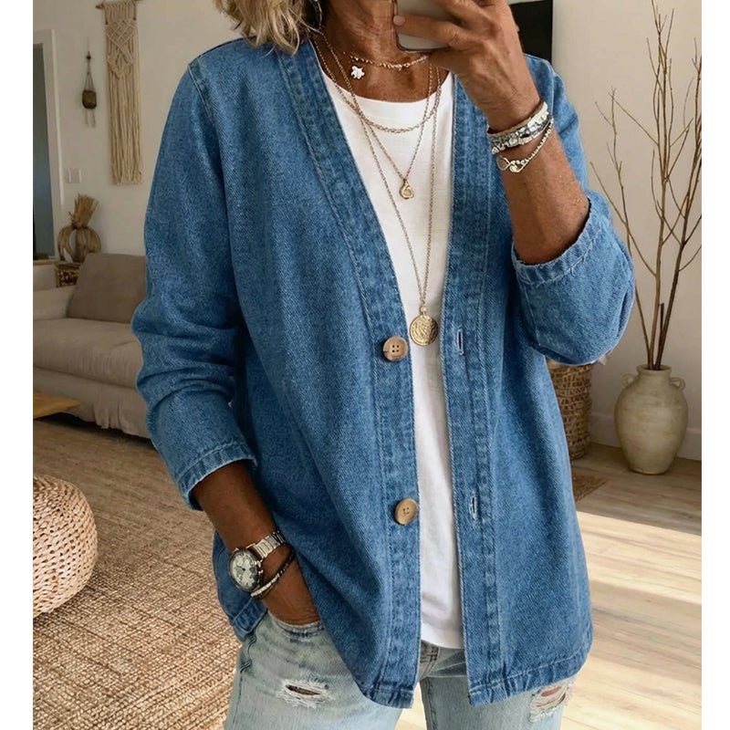 🧥 50% RABATT NU! ✨ Kvinners Klassiska Knäppt Jeansjacka – V-Ringning, Andningsbar Tyg & Ledig Passform 💙