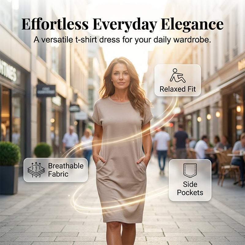 👗 50% RABATT NU! 🛍️ Damernas Casual Kortärmad T-Shirt Klänning – Mjuk, Andningsbar med Fickor 🌿