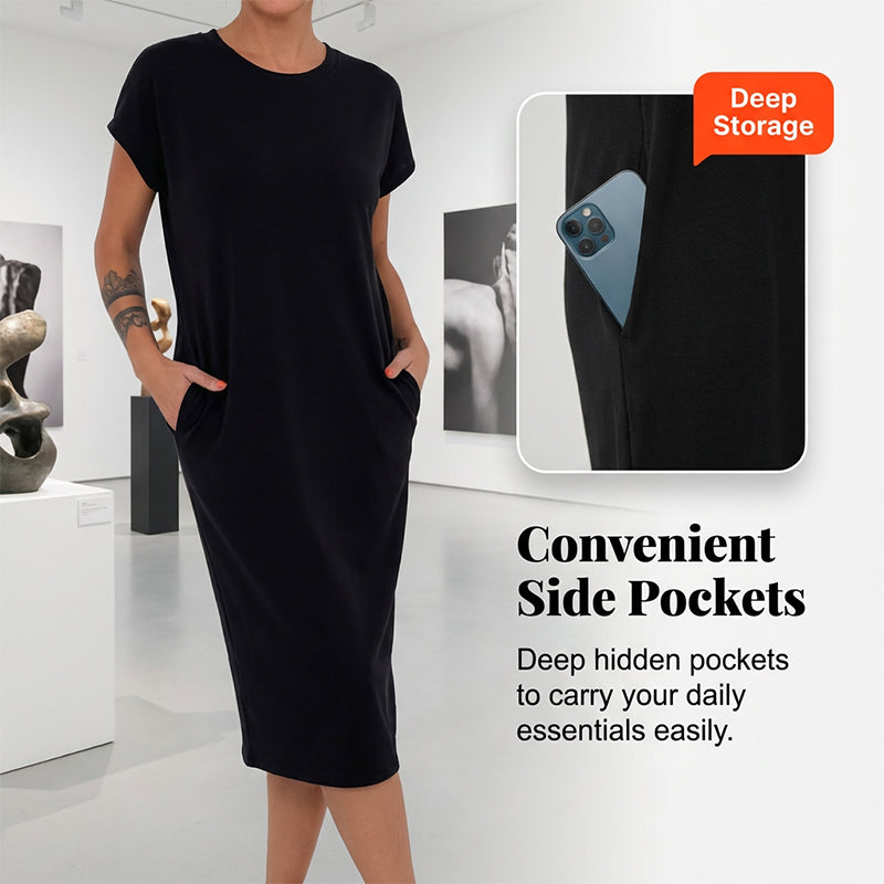👗 50% RABATT NU! 🛍️ Damernas Casual Kortärmad T-Shirt Klänning – Mjuk, Andningsbar med Fickor 🌿