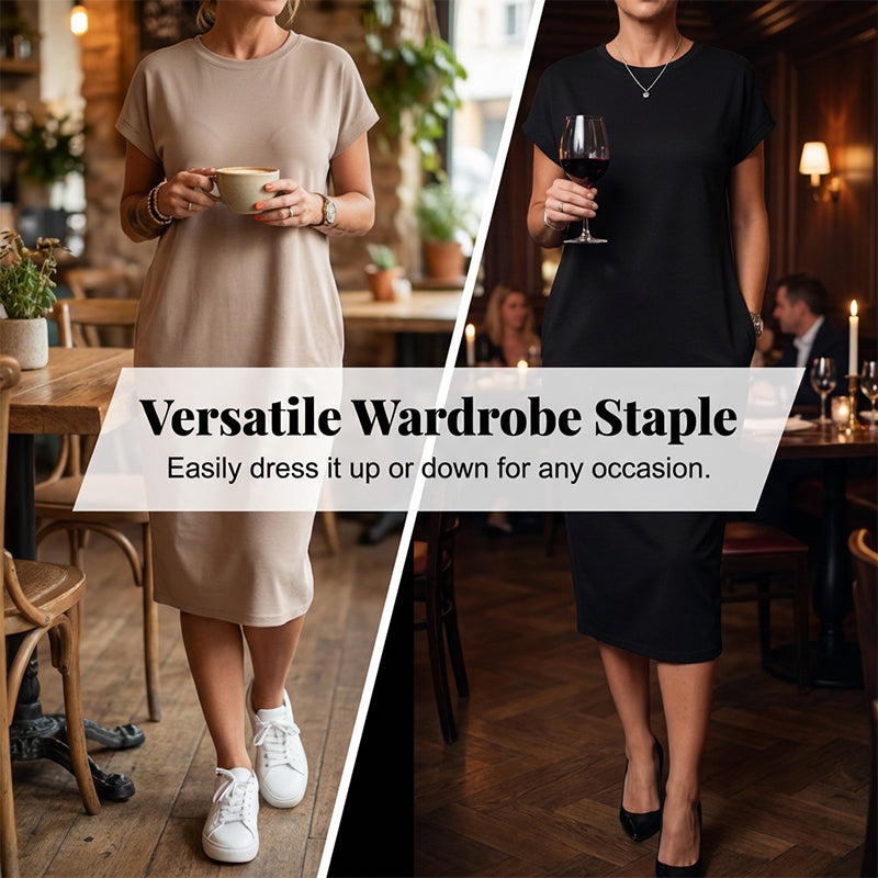 👗 50% RABATT NU! 🛍️ Damernas Casual Kortärmad T-Shirt Klänning – Mjuk, Andningsbar med Fickor 🌿