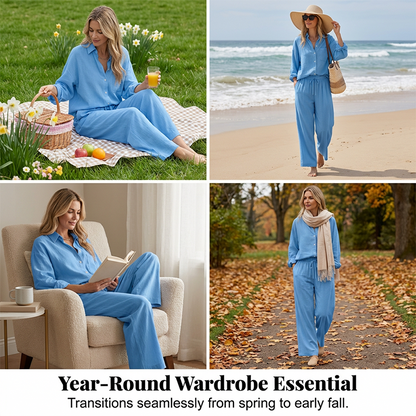 🌸 Vårrea 50 % RABATT 👕Elegant tvådelat set i linneimitation för damer