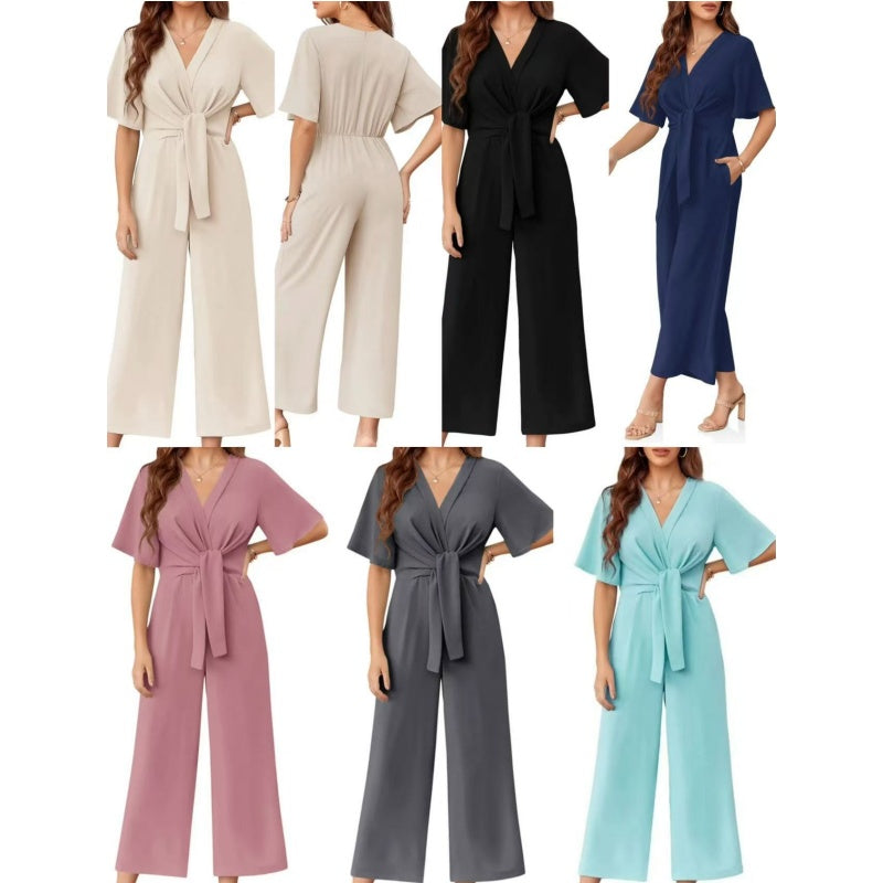 🔥50% RABATT NU!🔥 Elegant jumpsuit för dam med V-ringning, vida ben och knytning i midjan