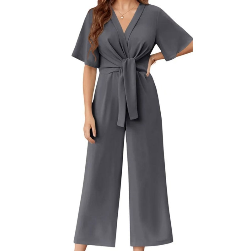 🔥50% RABATT NU!🔥 Elegant jumpsuit för dam med V-ringning, vida ben och knytning i midjan