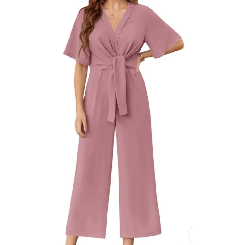 🔥50% RABATT NU!🔥 Elegant jumpsuit för dam med V-ringning, vida ben och knytning i midjan