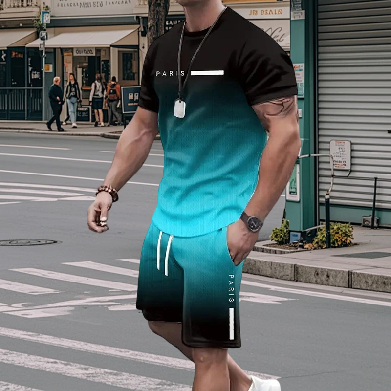 🔥🎁Nyhet 50 % RABATT🔥😎Herrset med t-shirt och shorts i gradientfärg