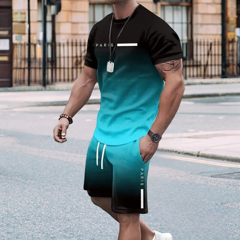 🔥🎁Nyhet 50 % RABATT🔥😎Herrset med t-shirt och shorts i gradientfärg