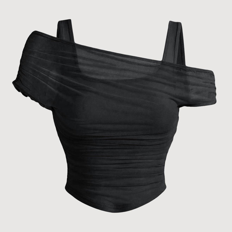 Asymmetrisk rynkad mesh-topp för dam