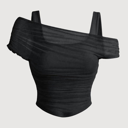 Asymmetrisk rynkad mesh-topp för dam
