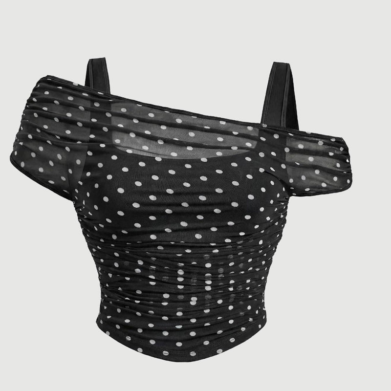 Asymmetrisk rynkad mesh-topp för dam