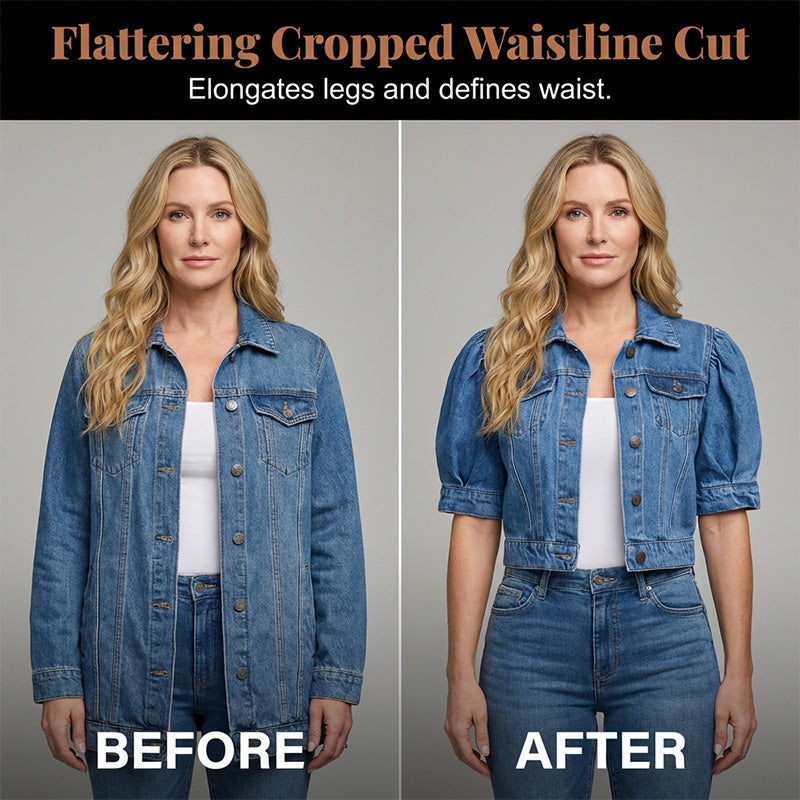 🧥 50% RABATT NU!🎀 Dam Puff Kort Ärm Croppad Denim Jacka – Vintage Detaljer & Mjuk Blandning – Smickrande Midja Snitt 🌟