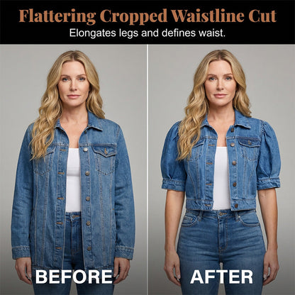 🧥 50% RABATT NU!🎀 Dam Puff Kort Ärm Croppad Denim Jacka – Vintage Detaljer & Mjuk Blandning – Smickrande Midja Snitt 🌟
