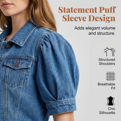 🧥 50% RABATT NU!🎀 Dam Puff Kort Ärm Croppad Denim Jacka – Vintage Detaljer & Mjuk Blandning – Smickrande Midja Snitt 🌟