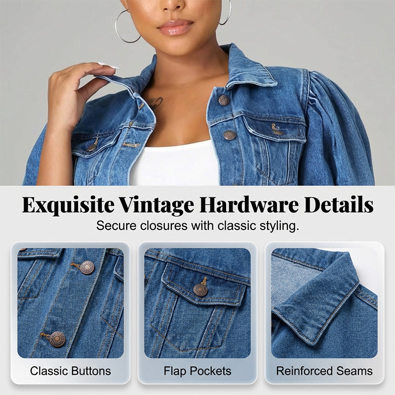 🧥 50% RABATT NU!🎀 Dam Puff Kort Ärm Croppad Denim Jacka – Vintage Detaljer & Mjuk Blandning – Smickrande Midja Snitt 🌟