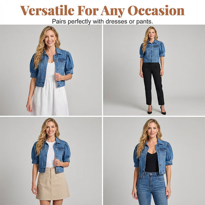 🧥 50% RABATT NU!🎀 Dam Puff Kort Ärm Croppad Denim Jacka – Vintage Detaljer & Mjuk Blandning – Smickrande Midja Snitt 🌟