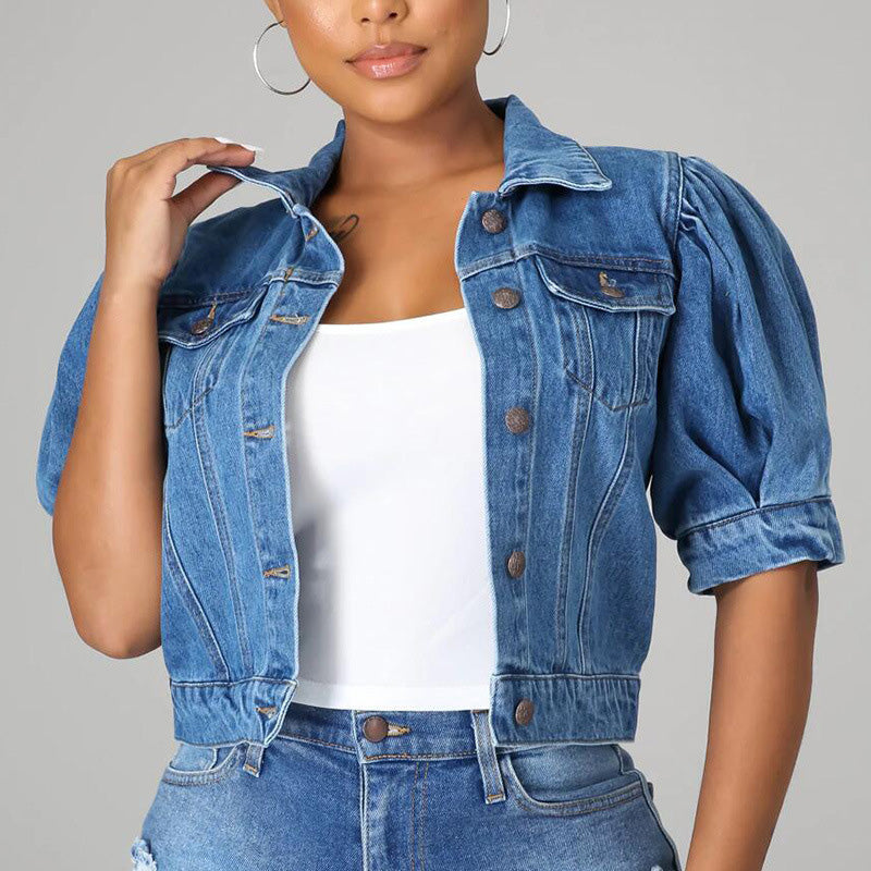 🧥 50% RABATT NU!🎀 Dam Puff Kort Ärm Croppad Denim Jacka – Vintage Detaljer & Mjuk Blandning – Smickrande Midja Snitt 🌟