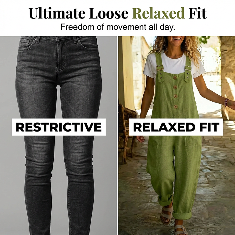 👖 50% RABATT! 🌸 Dam Lediga Hängselbyxor med Lös Passform & Knäppning Fram – Bekväm Design, Mjukt Denim & Perfekt För En Avslappnad Vardagslook ✨