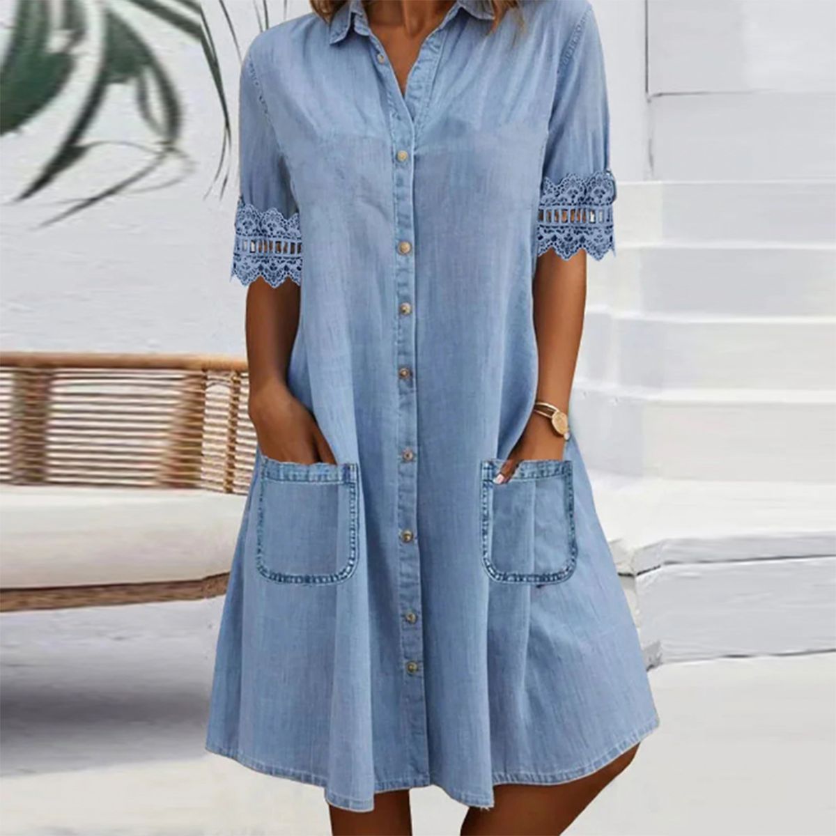 🎁Begränsad tid 50 % RABATT⏳Blå, enkel miniklänning i denim med krage och spetskant