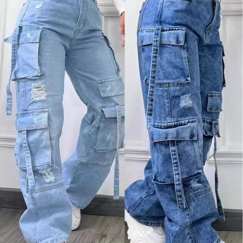 Kvinnors hög midja Baggy Cargo Jeans