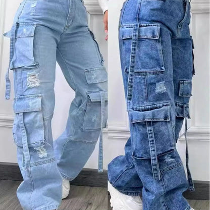 Kvinnors hög midja Baggy Cargo Jeans