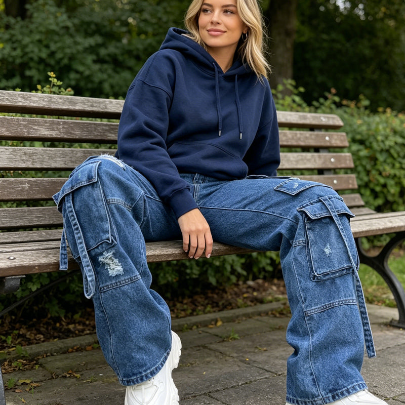 Kvinnors hög midja Baggy Cargo Jeans