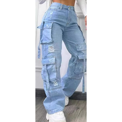 Kvinnors hög midja Baggy Cargo Jeans