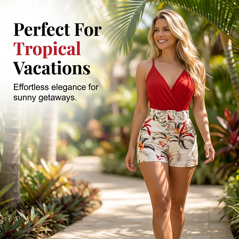 📢📢50 % RABATT !! ⏰ Set med V-ringad topp och högmidjade shorts – tropiskt mönster, 2-delad semesteroutfit 🌴