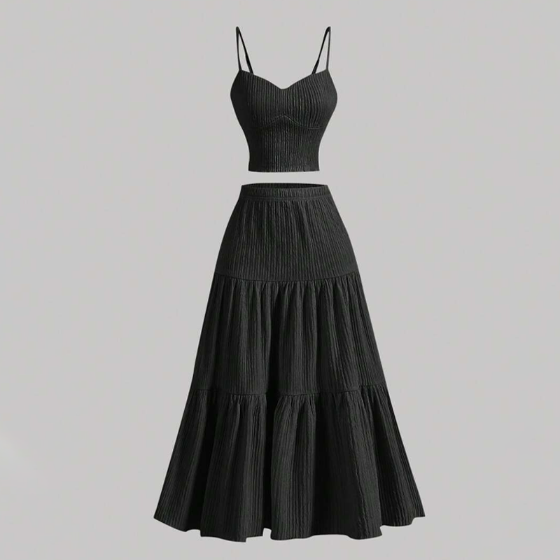 👗 50% RABATT!🌸 Högmidjad A-linje Kjol & Linne Set – 2-delat, Krinklat & Mångsidigt!
