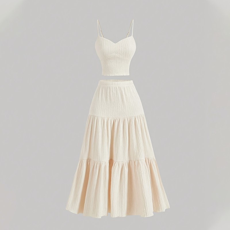 👗 50% RABATT!🌸 Högmidjad A-linje Kjol & Linne Set – 2-delat, Krinklat & Mångsidigt!